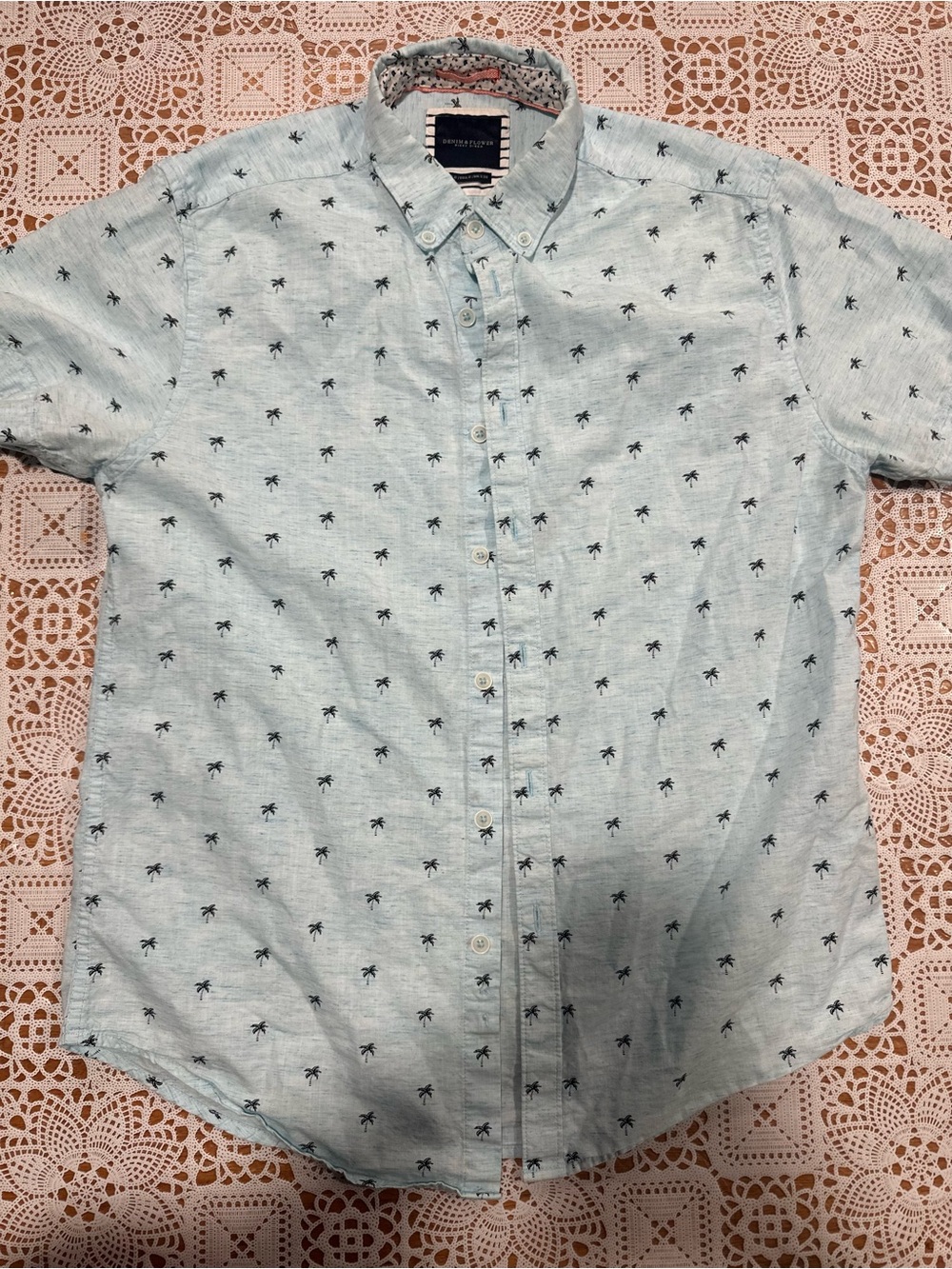 Denim & Flower Ricky Singh Palm Tree Print Button Down Shirt Small Coastal Beach